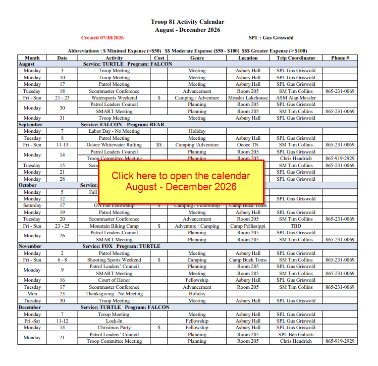 Fall 2026 Calendar
